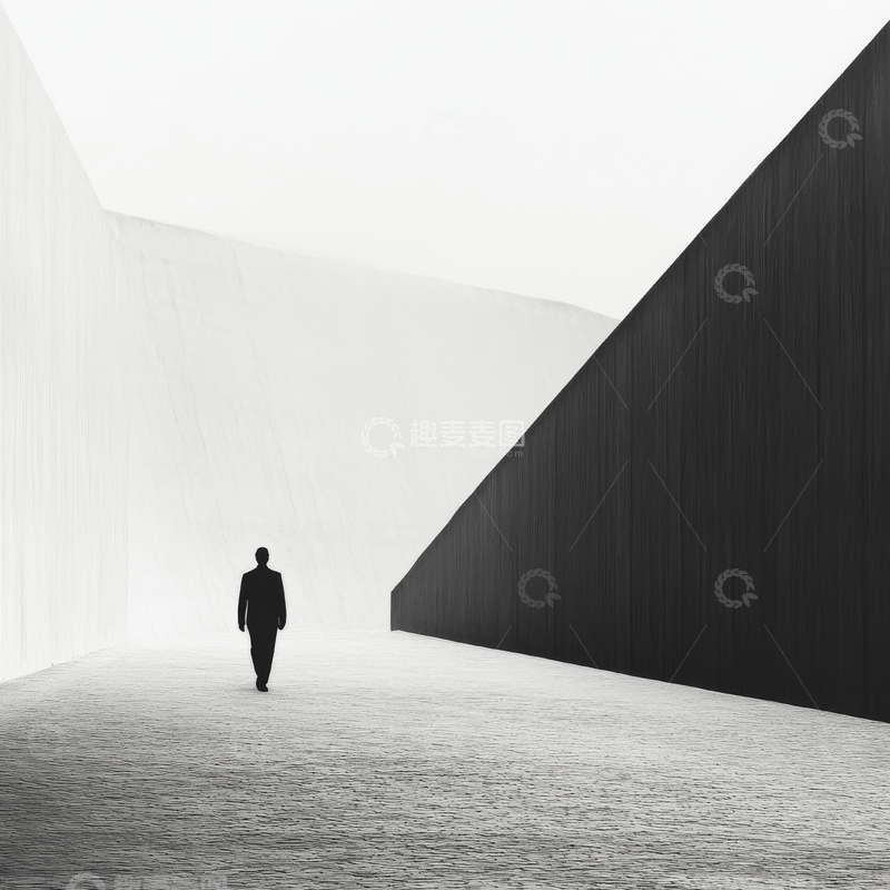 高清大图下载【趣麦麦图】黑衣人行走在黑白对比的抽象空间中