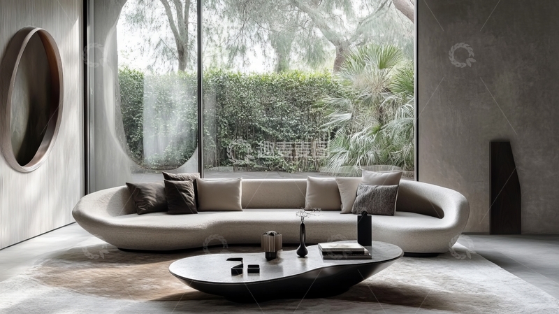 高清大图下载【趣麦麦图】现代客厅中的弧形沙发与圆形茶几