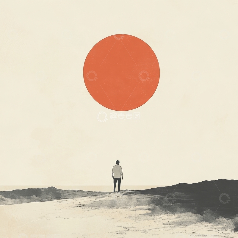 高清大图下载【趣麦麦图】海边孤影，红日高悬
