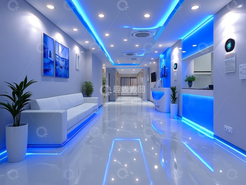 高清大图下载【趣麦麦图】现代医疗走廊，蓝色灯光装饰