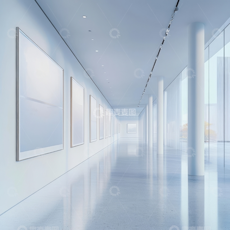 高清大图下载【趣麦麦图】现代艺术走廊，白色墙壁与画框