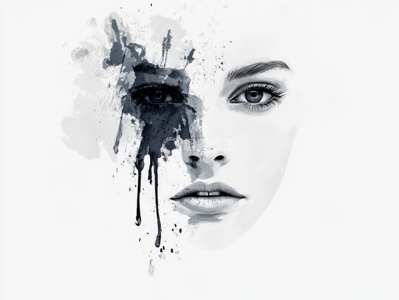 高清大图下载【趣麦麦图】黑白艺术女性肖像，墨迹流淌