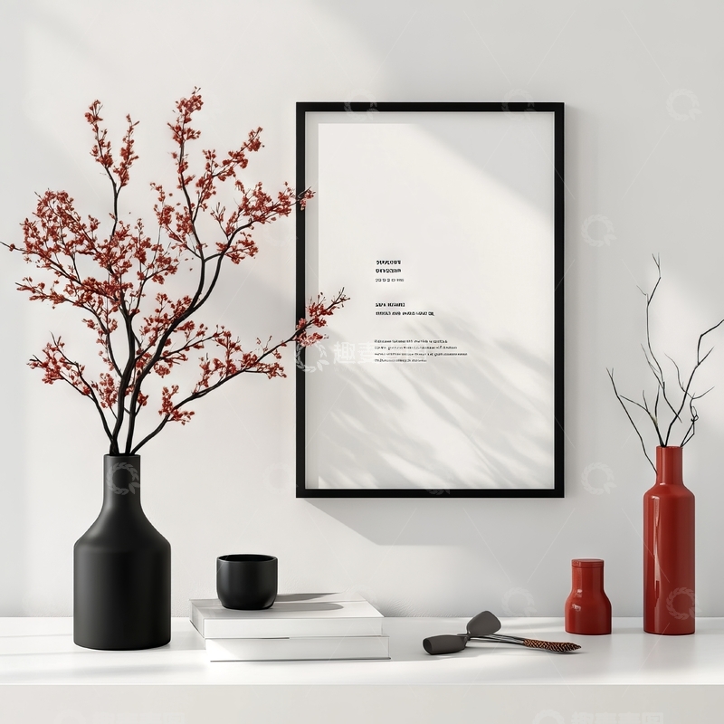 高清大图下载【趣麦麦图】简约室内装饰，花瓶与画框的静谧组合