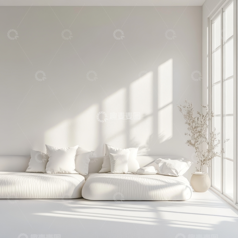 高清大图下载【趣麦麦图】明亮客厅，白色沙发与自然光