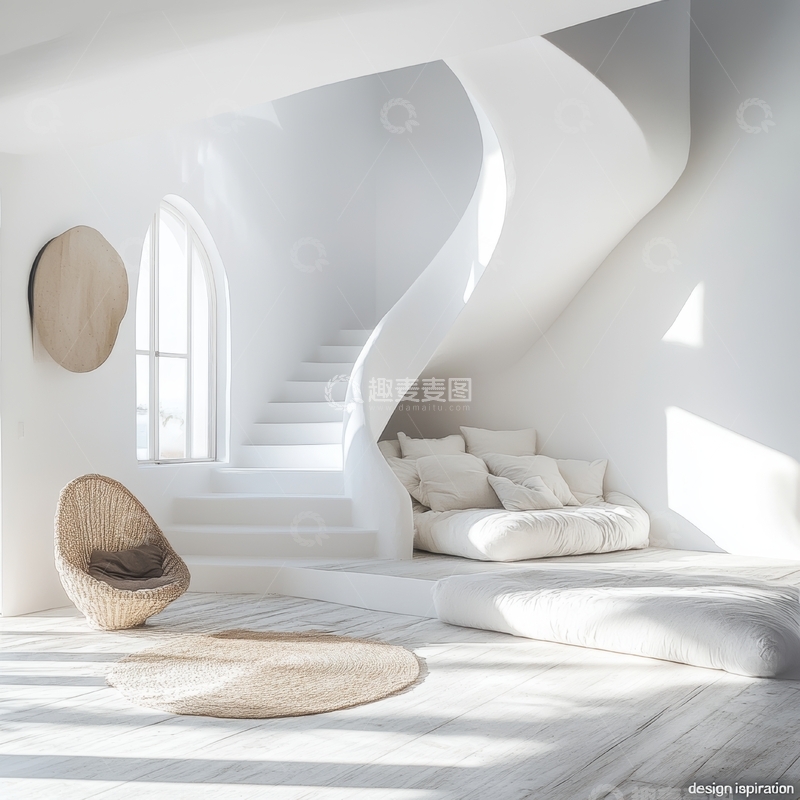 高清大图下载【趣麦麦图】现代简约室内设计，白色曲线楼梯与休息区