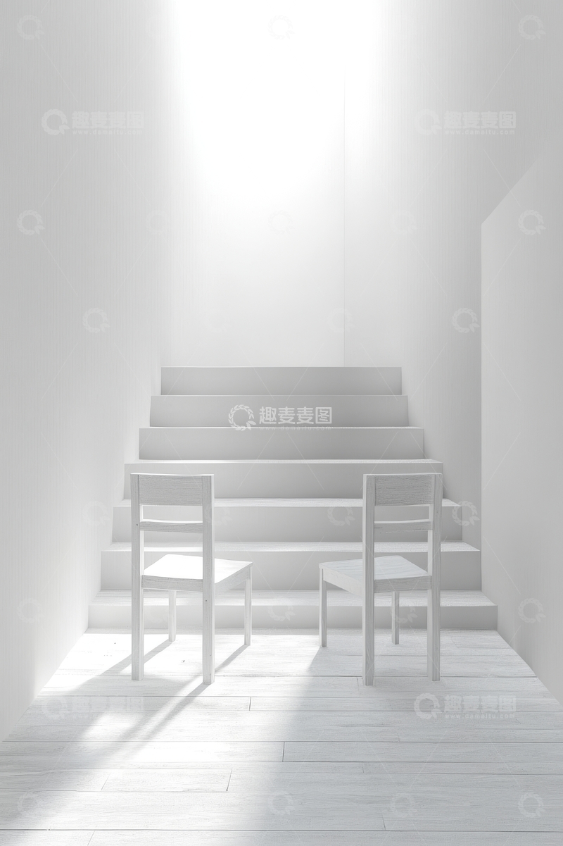 高清大图下载【趣麦麦图】白色空间中的阶梯与椅子