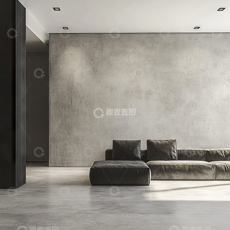 高清大图下载【趣麦麦图】现代简约客厅，灰色沙发与混凝土墙