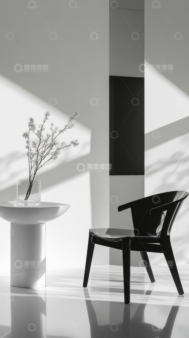 高清大图下载【趣麦麦图】简约室内设计：黑椅与花枝