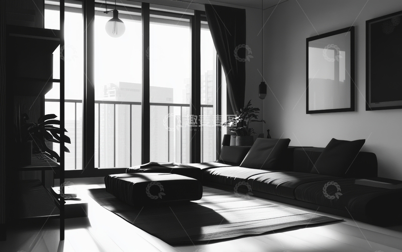 高清大图下载【趣麦麦图】现代简约客厅，阳光透过落地窗