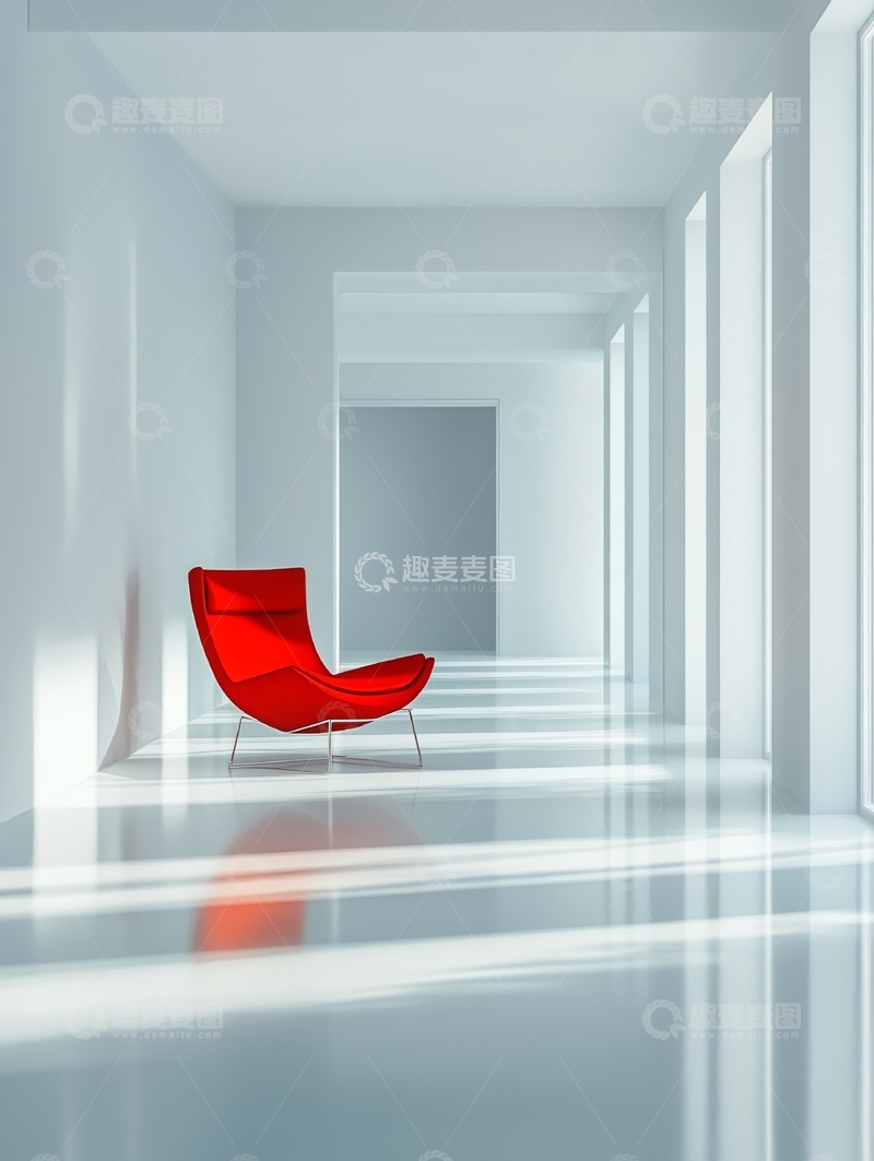 高清大图下载【趣麦麦图】红色椅子置于明亮长廊