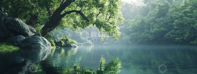 高清大图下载【趣麦麦图】宁静湖畔，绿树成荫