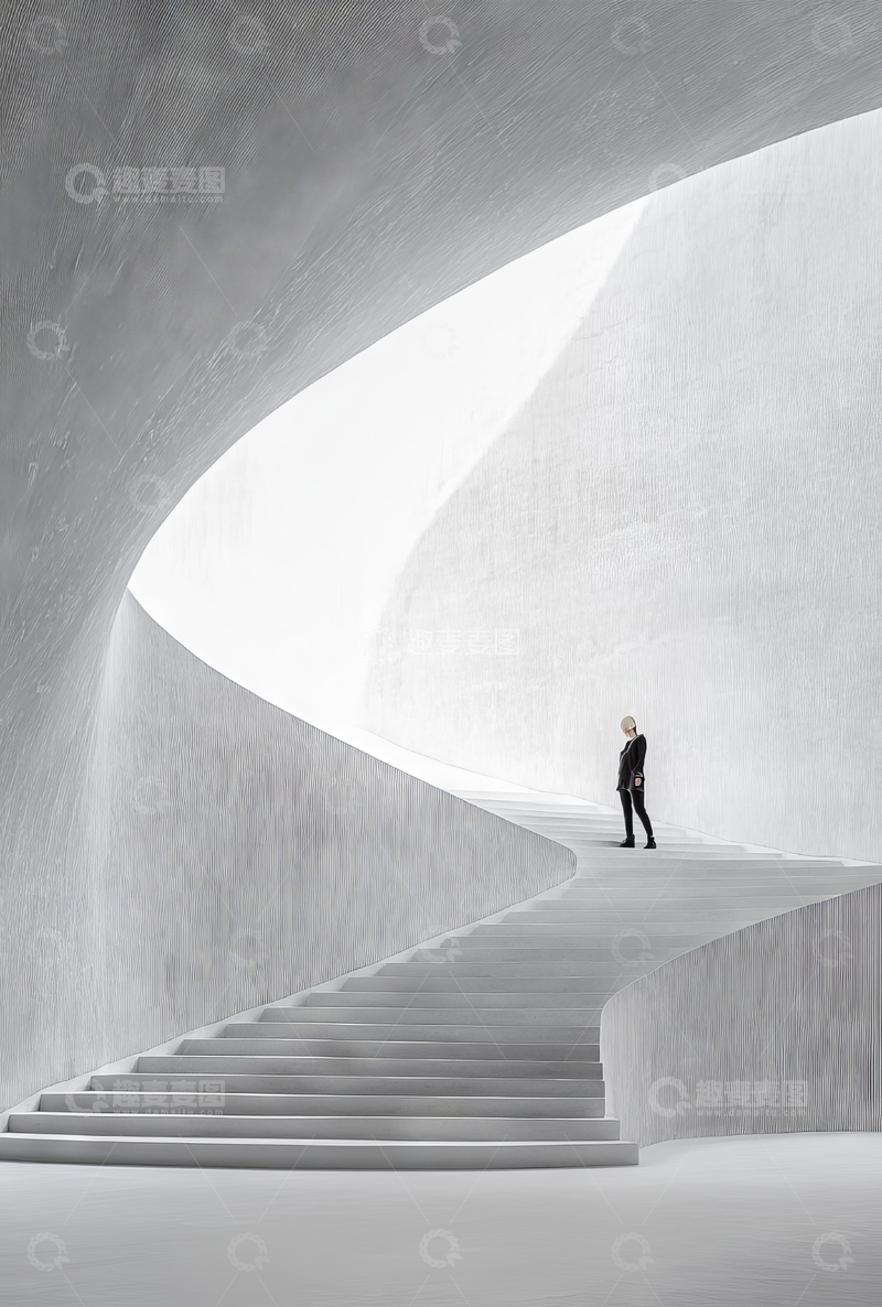 高清大图下载【趣麦麦图】现代建筑内部的弧形楼梯与人物剪影