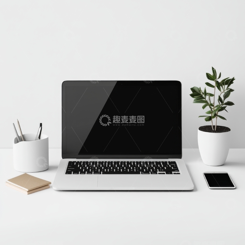 高清大图下载【趣麦麦图】简洁办公桌上的笔记本电脑与绿植