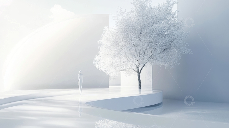 高清大图下载【趣麦麦图】雪白空间中的人与树