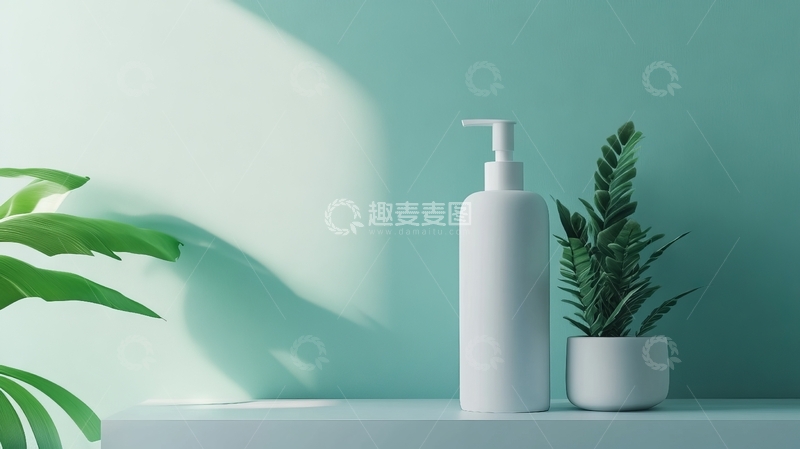 高清大图下载【趣麦麦图】简约风格的护肤品与绿植展示