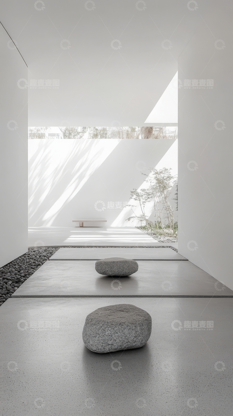 高清大图下载【趣麦麦图】现代简约室内设计，光影与石球的静谧空间