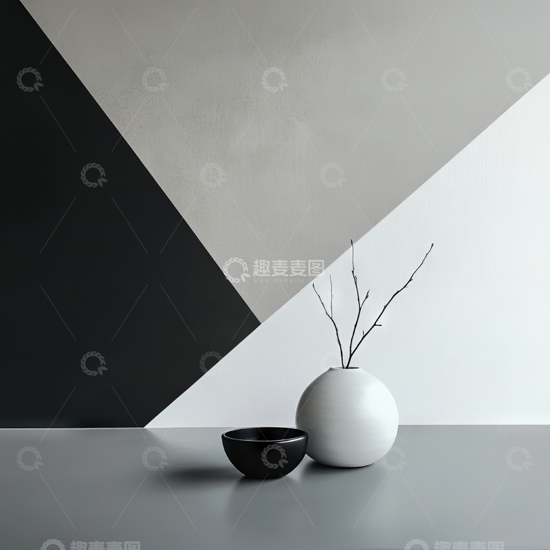 高清大图下载【趣麦麦图】黑白几何背景下的简约花瓶与碗