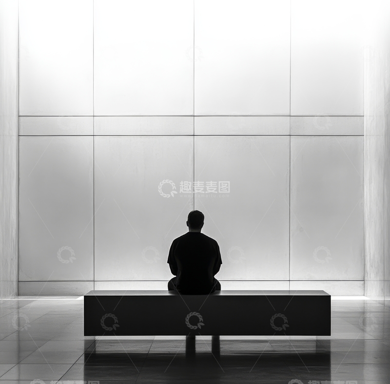 高清大图下载【趣麦麦图】独自一人坐在长凳上，面对发光的墙面