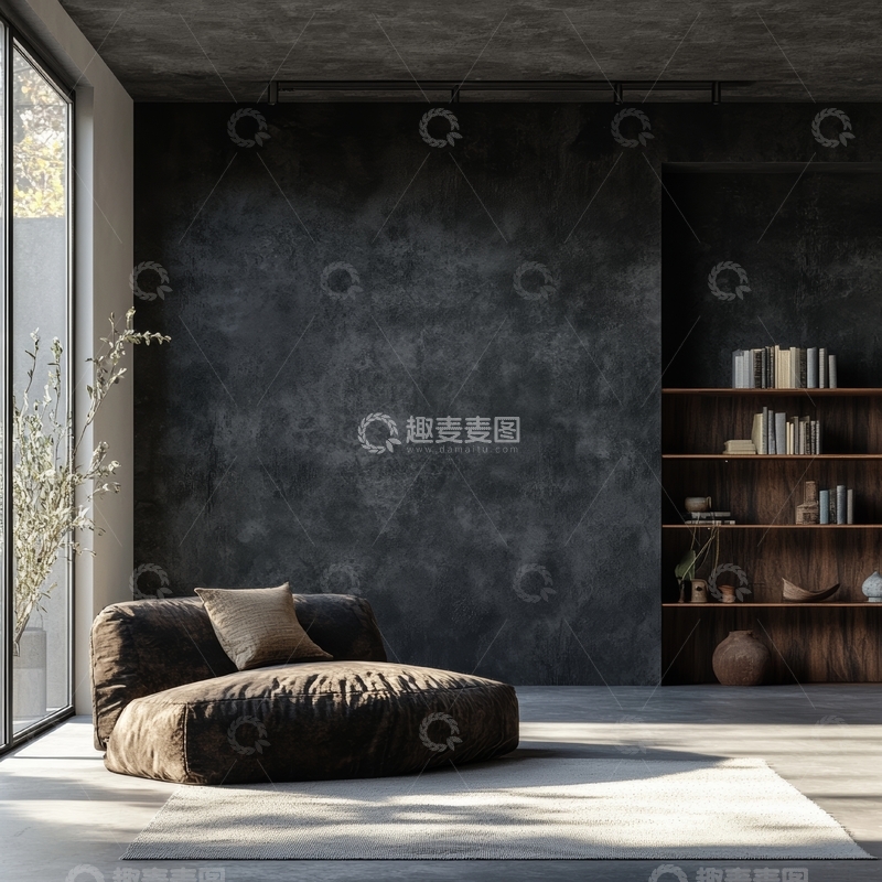 高清大图下载【趣麦麦图】现代简约客厅，深色墙面与木质书架