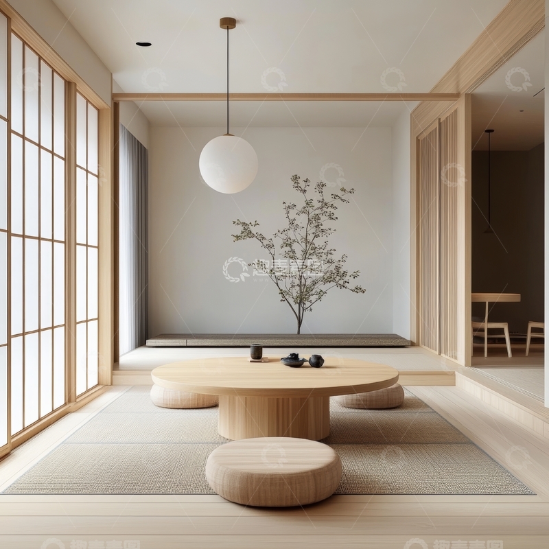 高清大图下载【趣麦麦图】简约日式室内设计，木质茶几与蒲团