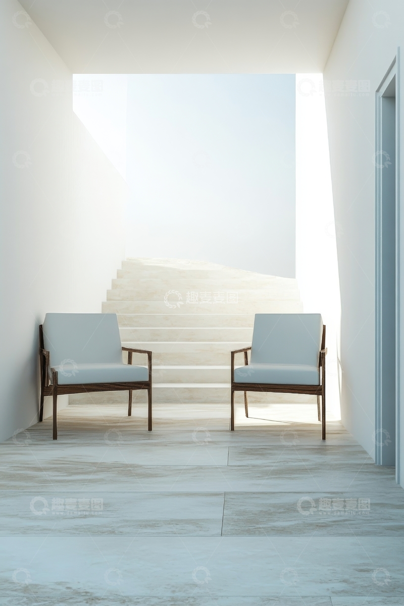 高清大图下载【趣麦麦图】简约室内空间，两把椅子与楼梯