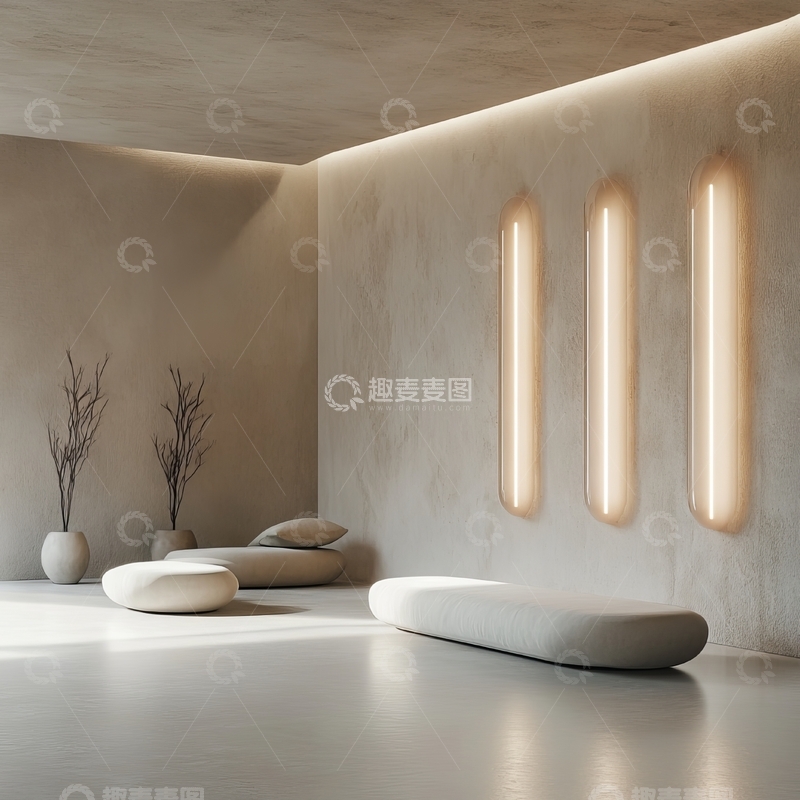 高清大图下载【趣麦麦图】简约室内设计，柔和光线与圆形坐垫