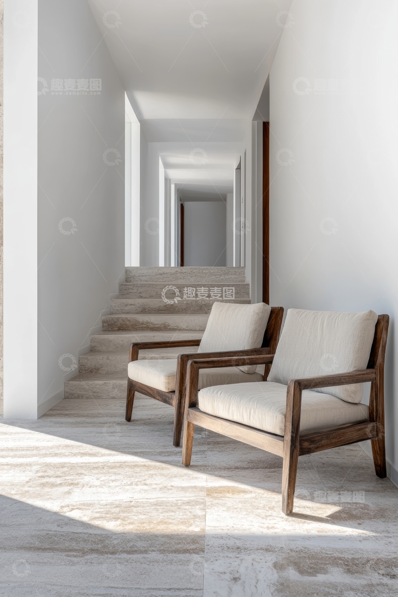 高清大图下载【趣麦麦图】现代简约室内走廊与木质座椅