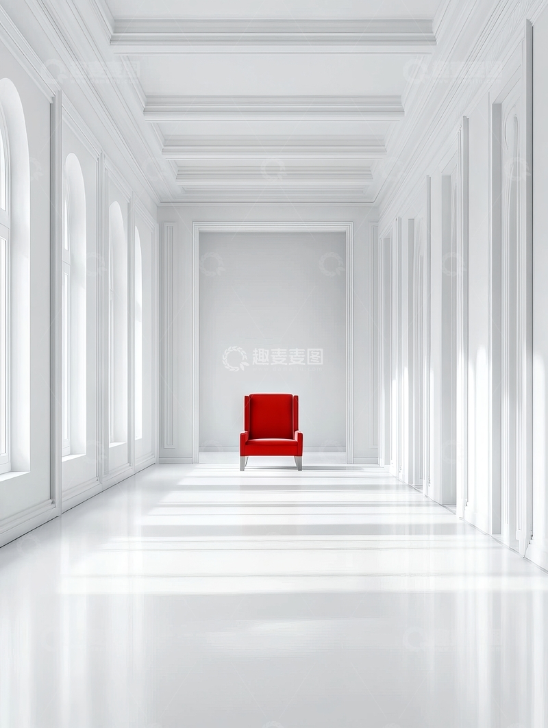 高清大图下载【趣麦麦图】白色长廊中的红色椅子