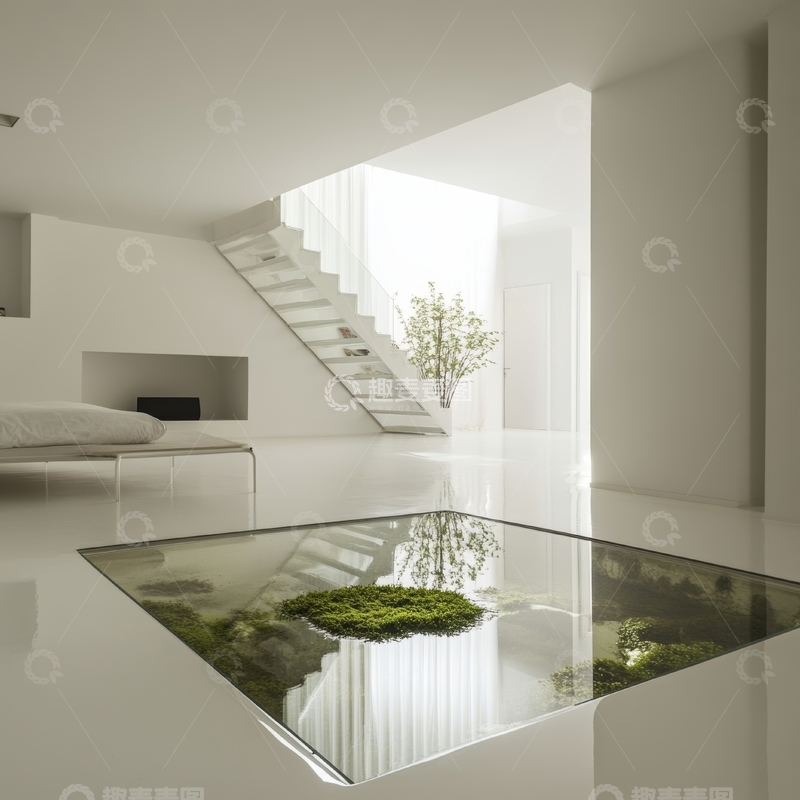 高清大图下载【趣麦麦图】现代简约室内设计，玻璃地板与绿植装饰
