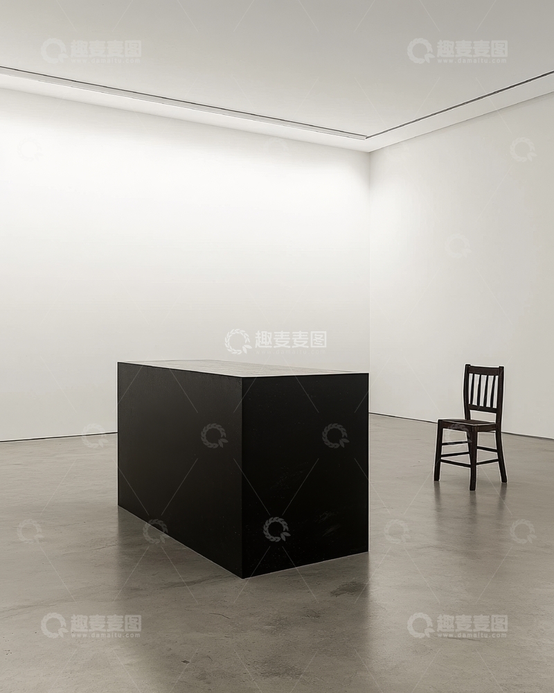 高清大图下载【趣麦麦图】简约艺术空间内的黑色立方体与椅子