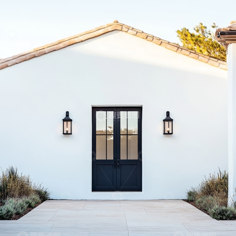 高清大图下载【趣麦麦图】白色建筑前的深色双开门