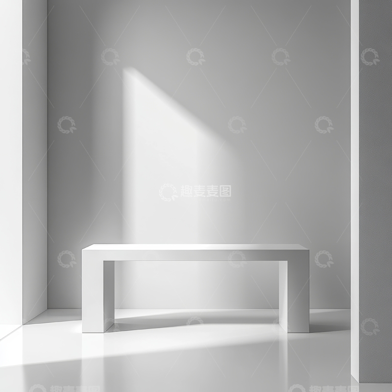 高清大图下载【趣麦麦图】简约白色空间中的长椅