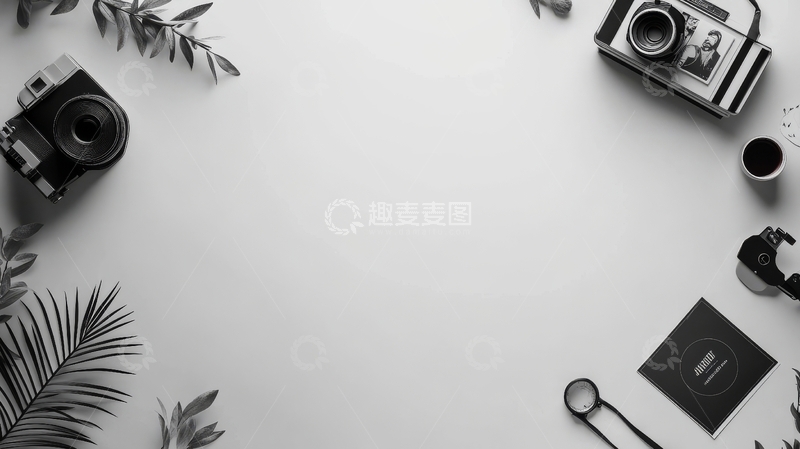 高清大图下载【趣麦麦图】复古相机与绿植的黑白静物布局