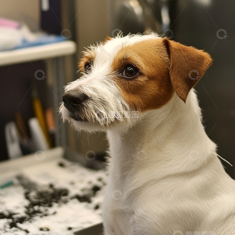高清大图下载【趣麦麦图】白色与棕色相间的狗狗侧脸特写