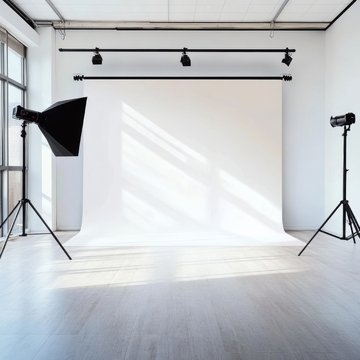 摄影棚内白色背景与灯光设备