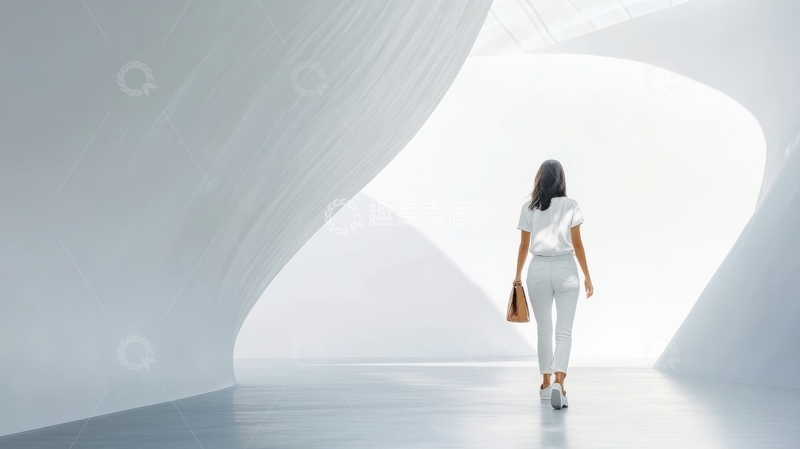 女子在现代建筑内行走