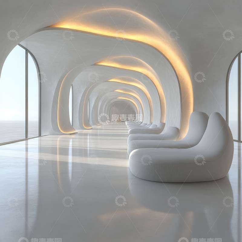 高清大图下载【趣麦麦图】现代弧形走廊与舒适座椅