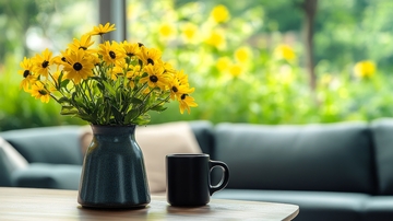 窗边花瓶与咖啡杯的静谧时光