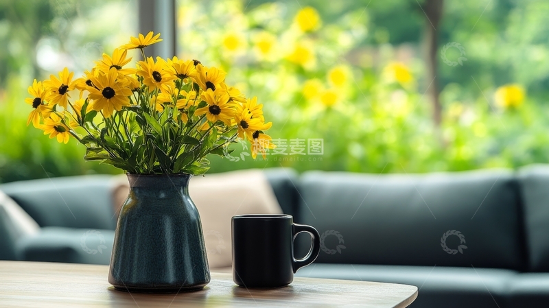 高清大图下载【趣麦麦图】窗边花瓶与咖啡杯的静谧时光