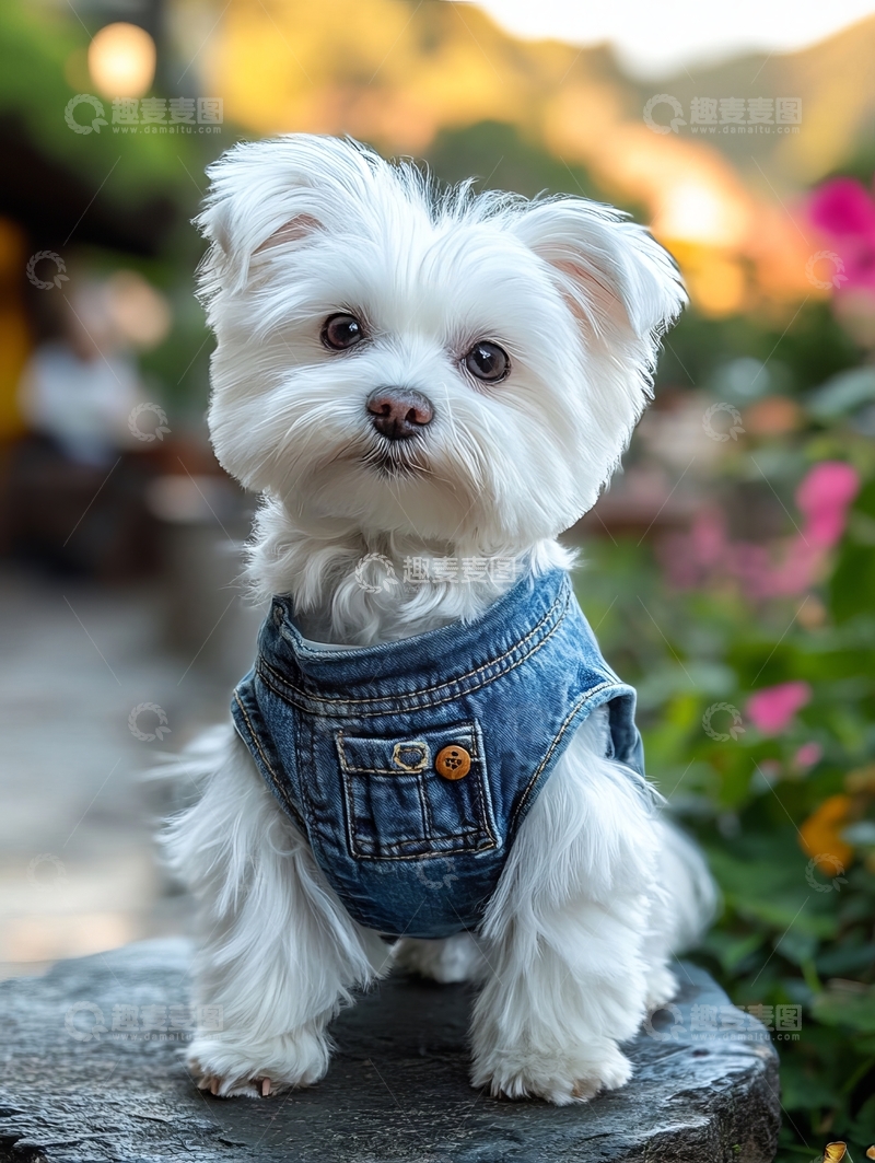 高清大图下载【趣麦麦图】穿着牛仔背带的白色小狗
