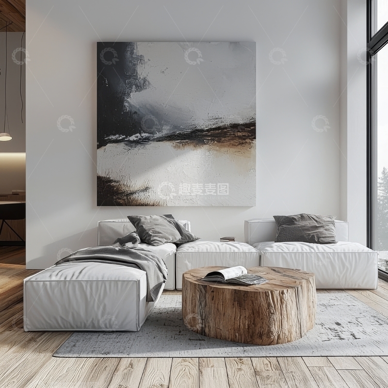 高清大图下载【趣麦麦图】现代客厅布置，抽象画与木质茶几
