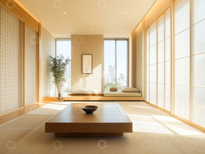 高清大图下载【趣麦麦图】日式榻榻米客厅，阳光明媚