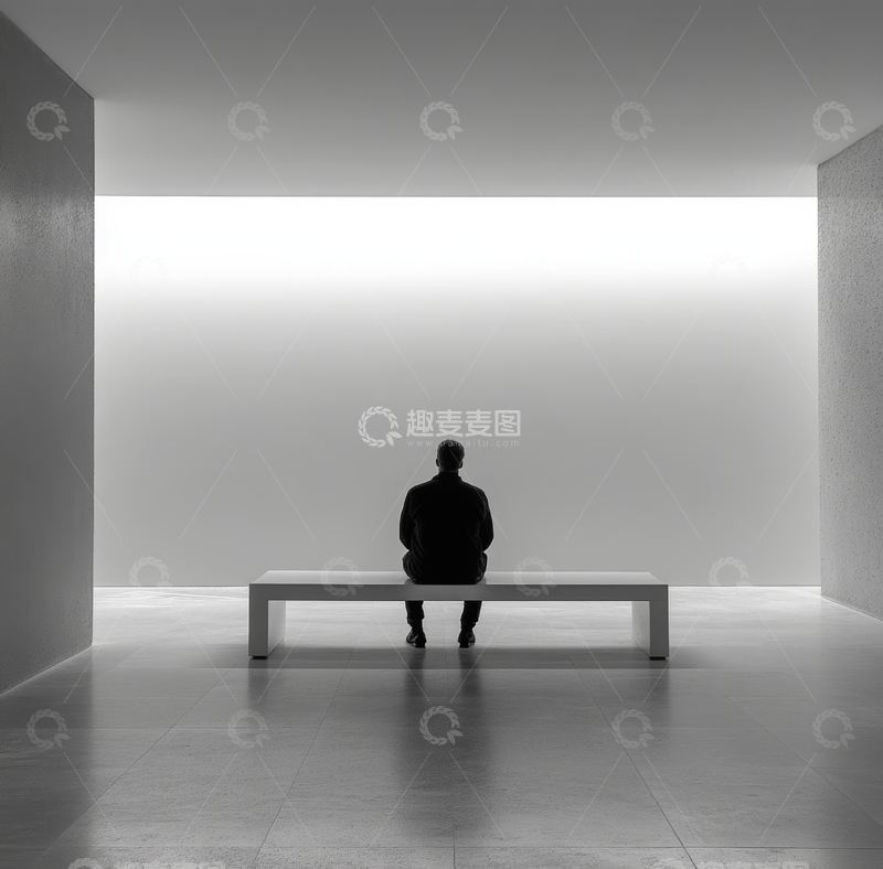 高清大图下载【趣麦麦图】独自一人坐在长凳上，面对空白墙壁