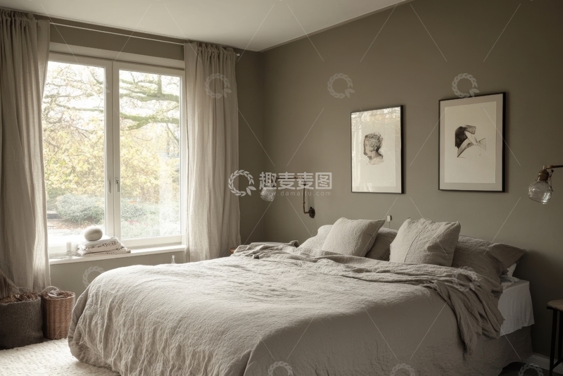 高清大图下载【趣麦麦图】温馨卧室，自然光透过窗户洒入