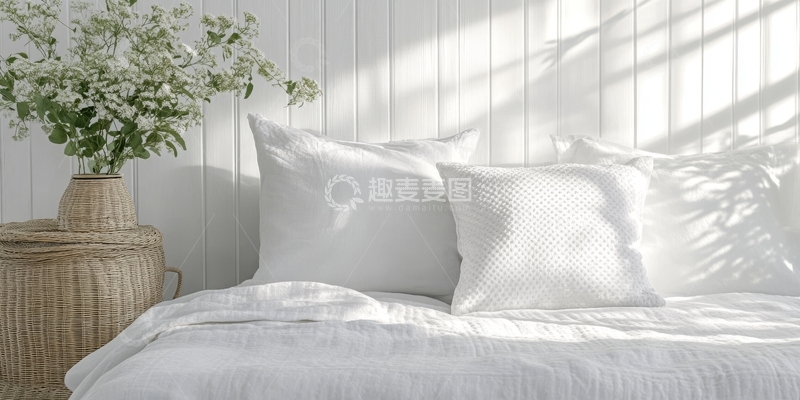 高清大图下载【趣麦麦图】明亮卧室内的白色床铺与绿植装饰