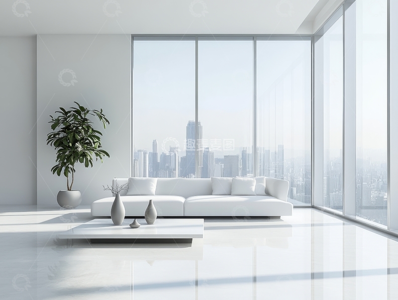 高清大图下载【趣麦麦图】现代简约客厅，窗外城市景观
