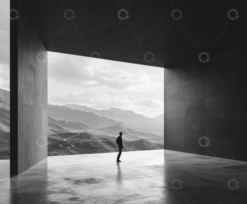 高清大图下载【趣麦麦图】男子站在建筑内眺望远方山脉