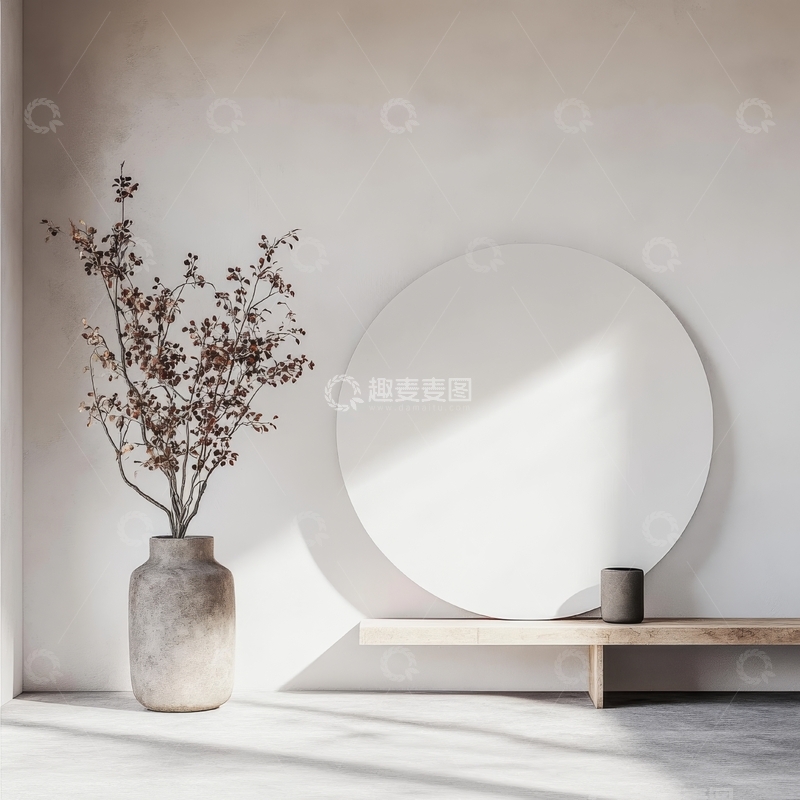 高清大图下载【趣麦麦图】简约室内装饰，圆形镜子与干枝花瓶