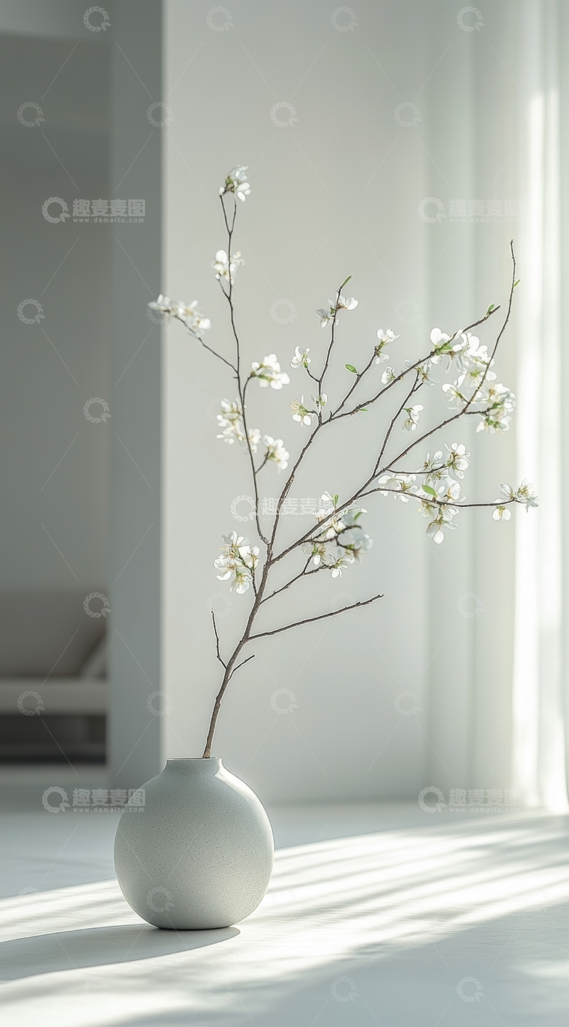 高清大图下载【趣麦麦图】白色花瓶中的枝条与花朵