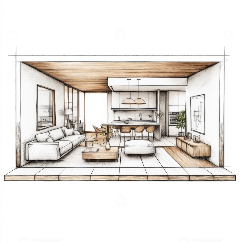 高清大图下载【趣麦麦图】现代开放式厨房与客厅设计草图